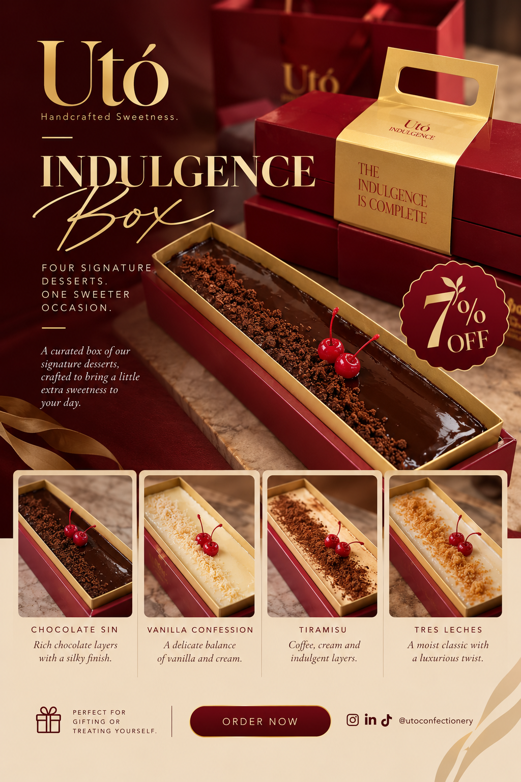 Chocolate Sin in its burgundy and gold dessert tray, as shown in Chef Uto’s product poster